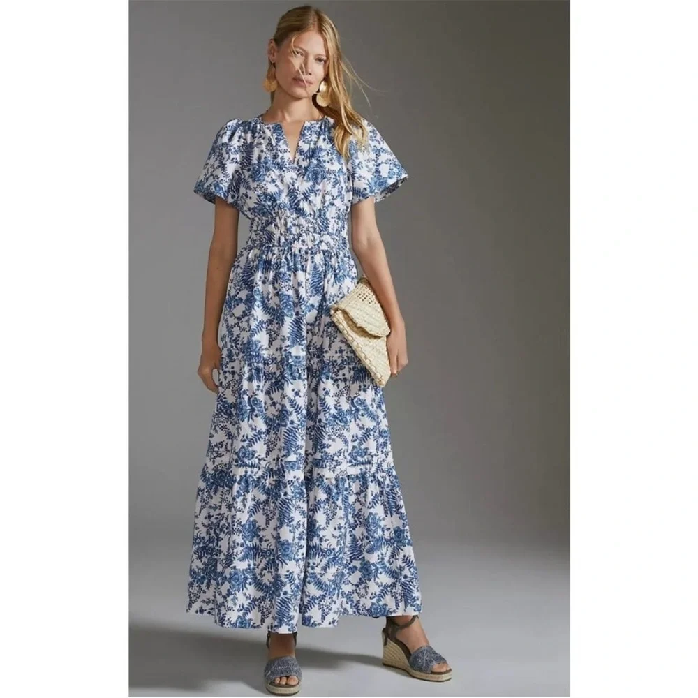 Anthropologie Somerset Maxi Ivory Blue Floral Tiered Cotton Summer Dress S - Picture 2 of 9